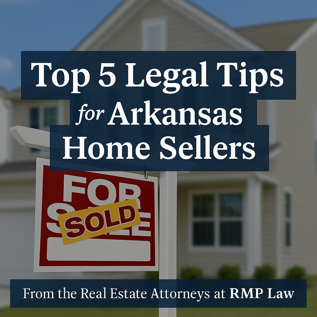A photo of a home for sale sign with a tan sided cape in the background with a text overlay "Top 5 Legal Tips for Arkansas Home Sellers - from the Real Estate Attorneys at RMP Law".