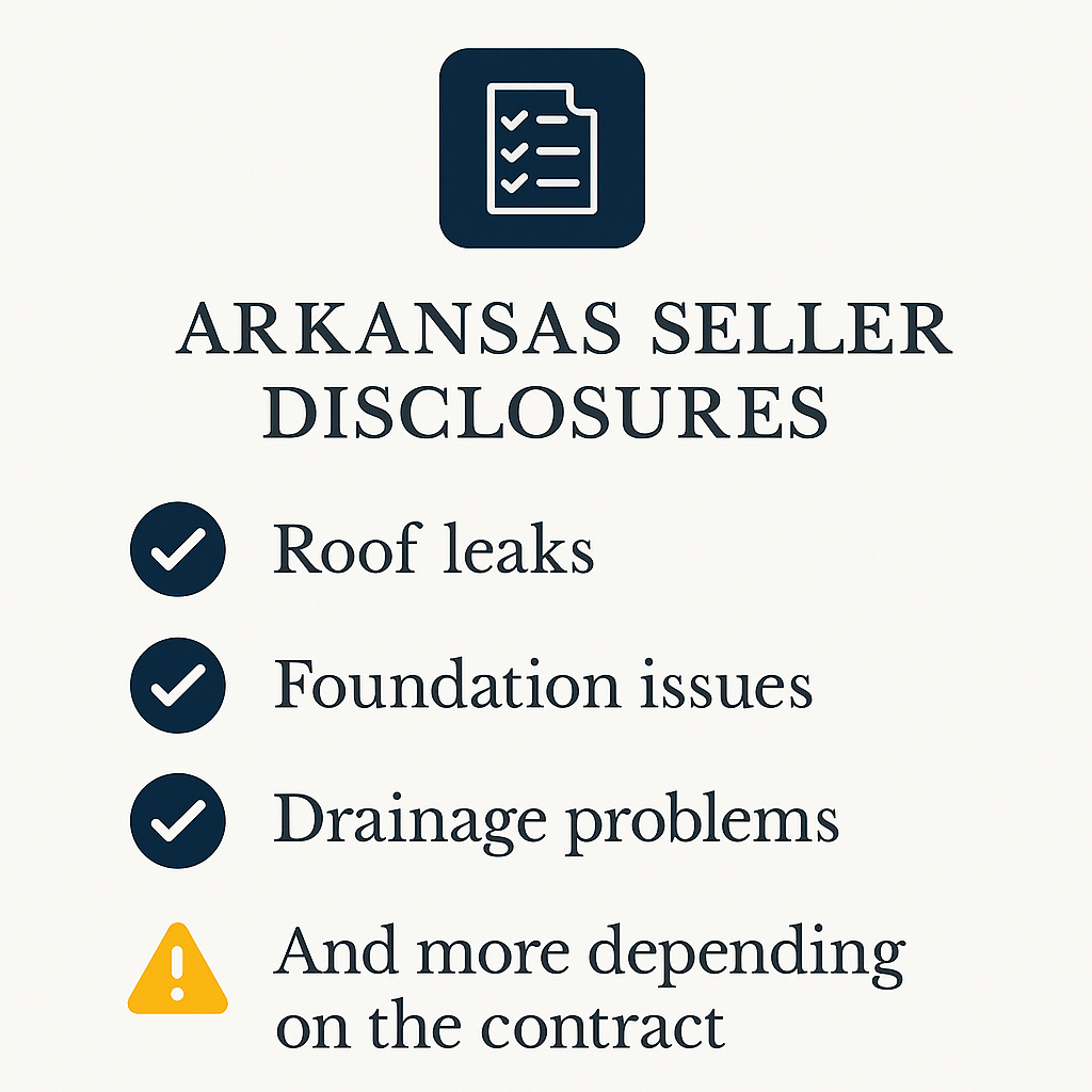 A list of Arkansas seller disclosure examples including roof leaks, foundation issues, drainage problems, and more depending on the contract from real estate attorneys. 