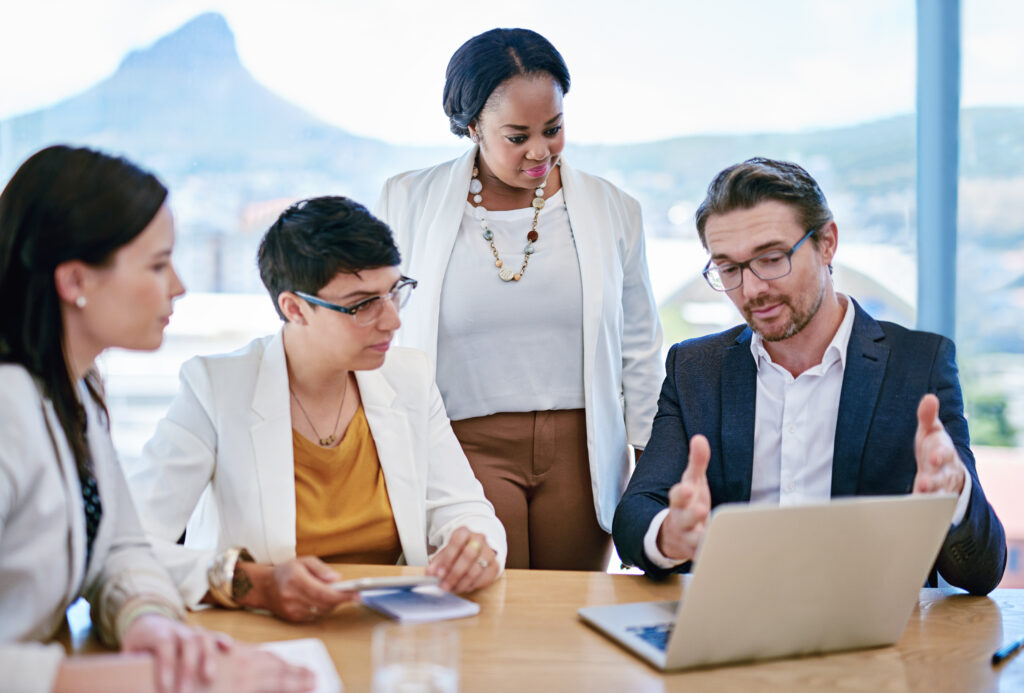 Team discussing business governance and corporate law.